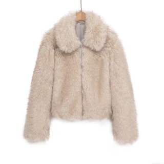 Women's Short Faux Fur Jacket Solid Apricot Lapel Zipper Outerwear Warm Elegant Winter Coat for Lady Casual Party Top