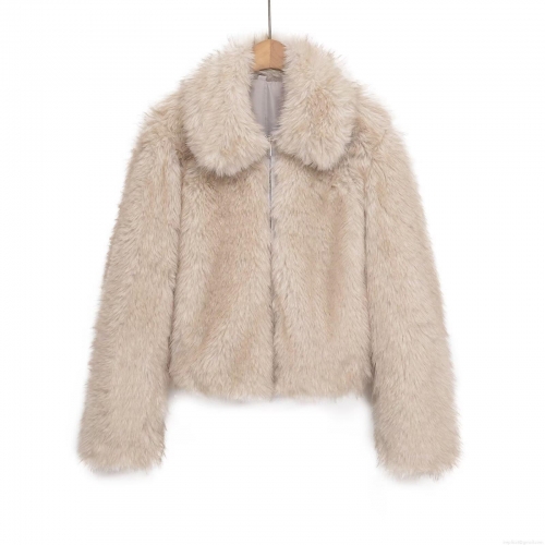 Women's Short Faux Fur Jacket Solid Apricot Lapel Zipper Outerwear Warm Elegant Winter Coat for Lady Casual Party Top