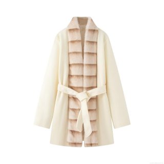 Women Mid-Length Woolen Coat With Removable Faux Fur Collar Elegant Loose Fit Belted Overcoat Winter Warm Socialite Style Outerwear For Women