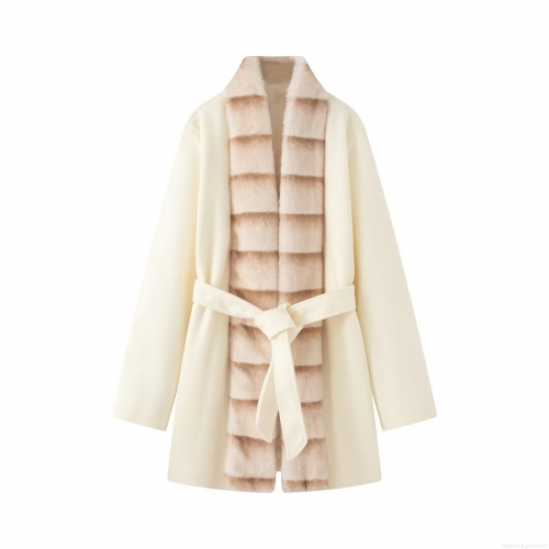 Women Mid-Length Woolen Coat With Removable Faux Fur Collar Elegant Loose Fit Belted Overcoat Winter Warm Socialite Style Outerwear For Women