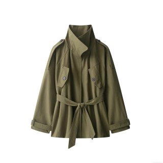 Women's Fashion Army Green Trench Coat 100% Polyester Stand Collar Windbreaker With Belt Casual Slim Long Sleeve Outerwear For Ladies