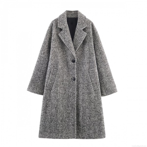 Women's Elegant Long Herringbone Wool Blend Overcoat Fashion Lapel Single Breasted Jacket Casual Long Sleeve Outerwear For Fall Winter
