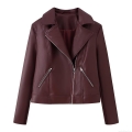 Women's Biker Jacket PU Leather Wine Red Asymmetrical Zipper Lapel Short Moto Coat Casual Slim Fit Long Sleeve Outerwear For Women