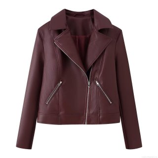 Women's Biker Jacket PU Leather Wine Red Asymmetrical Zipper Lapel Short Moto Coat Casual Slim Fit Long Sleeve Outerwear For Women