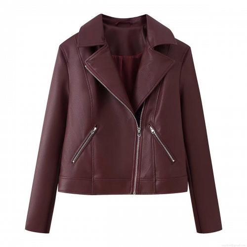 Women's Biker Jacket PU Leather Wine Red Asymmetrical Zipper Lapel Short Moto Coat Casual Slim Fit Long Sleeve Outerwear For Women