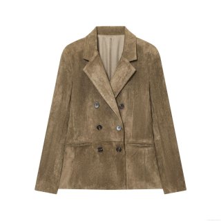 Women's Vintage Faux Suede Double Breasted Blazer Jacket Lapel Loose Solid Color Long Sleeve Outwear Streetwear Coat For Lady
