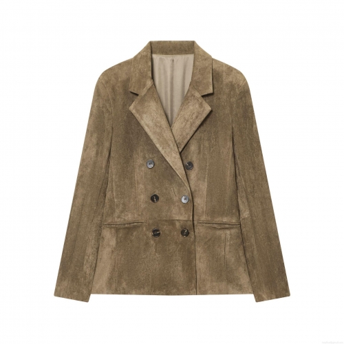 Women's Vintage Faux Suede Double Breasted Blazer Jacket Lapel Loose Solid Color Long Sleeve Outwear Streetwear Coat For Lady