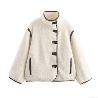Women's Loose Lamb Wool Fleece Jacket With Contrast Faux Leather Trim Vintage Standing Collar Single Breasted Warm Winter Coat For Ladies Casual Outwear