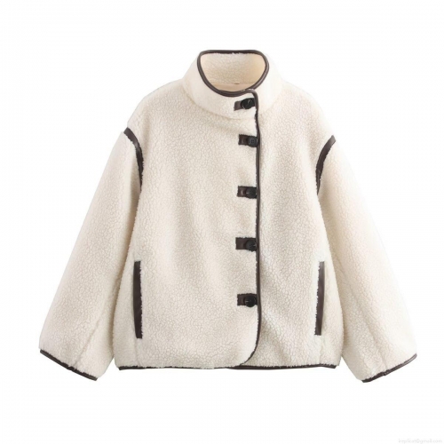 Women's Loose Lamb Wool Fleece Jacket With Contrast Faux Leather Trim Vintage Standing Collar Single Breasted Warm Winter Coat For Ladies Casual Outwear