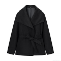 Women's Elegant Black Woolen Coat Fashion Lapel Tie-Waist Jacket Autumn Winter Warm Solid Color Outerwear