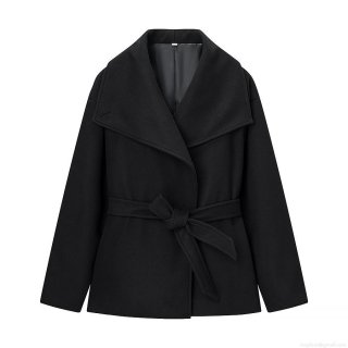 Women's Elegant Black Woolen Coat Fashion Lapel Tie-Waist Jacket Autumn Winter Warm Solid Color Outerwear