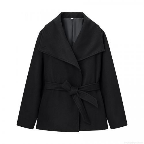 Women's Elegant Black Woolen Coat Fashion Lapel Tie-Waist Jacket Autumn Winter Warm Solid Color Outerwear