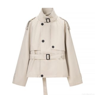 Women's Elegant Short Trench Coat Classic Double Breasted Windbreaker With Belt Long Sleeve Lapel Jacket For Office Daily Outwear
