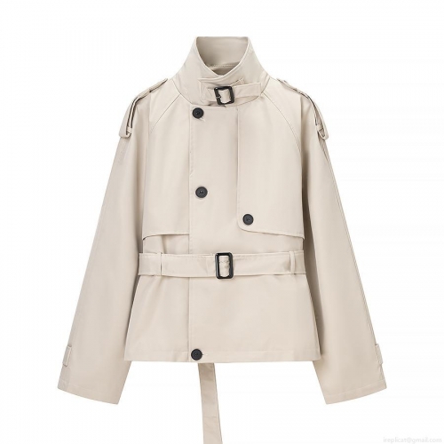 Women's Elegant Short Trench Coat Classic Double Breasted Windbreaker With Belt Long Sleeve Lapel Jacket For Office Daily Outwear