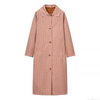 Women's Gingham Trench Coat Plaid Long Sleeve Suede Polyester Overcoat Casual Single Breasted Loose Long Jacket Fashion Fall Outerwear for Lady