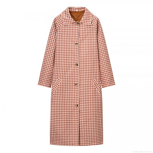 Women's Gingham Trench Coat Plaid Long Sleeve Suede Polyester Overcoat Casual Single Breasted Loose Long Jacket Fashion Fall Outerwear for Lady