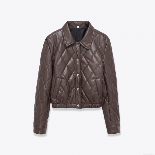 Women Quilted PU Leather Jacket Fashion Lapel Short Puffer Coat With Metal Buttons Coffee Solid Color Chic Outerwear For Autumn Winter Lady