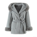 Women's Elegant Hooded Faux Woolen Coat With Faux Fur Trimmed Collar And Cuffs Tie Waist Design Warm Polyester Outerwear For Autumn Winter