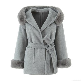 Women's Elegant Hooded Faux Woolen Coat With Faux Fur Trimmed Collar And Cuffs Tie Waist Design Warm Polyester Outerwear For Autumn Winter