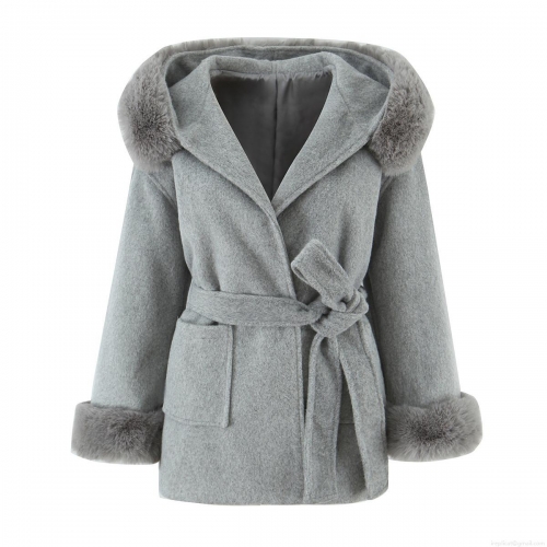 Women's Elegant Hooded Faux Woolen Coat With Faux Fur Trimmed Collar And Cuffs Tie Waist Design Warm Polyester Outerwear For Autumn Winter