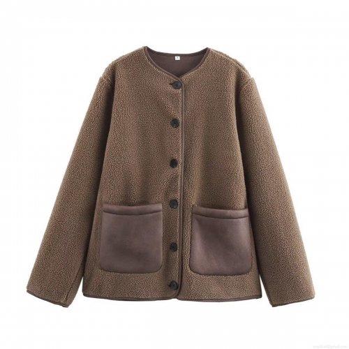 Women's Casual Sherpa Fleece Jacket Loose Turn-down Collar Button Down Short Coat with Pockets Autumn Winter Solid Color Warm Outwear for Ladies