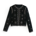 Women's Elegant Black Velvet Cropped Jacket With Heavy Embroidery And Sequins Vintage Luxury Long Sleeve Party Outerwear Fashion Coat