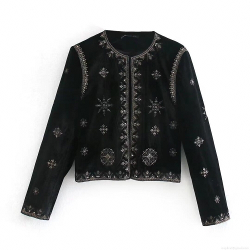 Women's Elegant Black Velvet Cropped Jacket With Heavy Embroidery And Sequins Vintage Luxury Long Sleeve Party Outerwear Fashion Coat