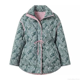 Women Paisley Quilted Jacket Detachable Sleeves Drawstring Waist Zip Up Pink Trim Ethnic Retro Padded Outerwear Vintage Warm Puffer Coat