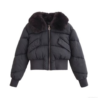 Women's Fashion Casual Cotton Padded Jacket With Faux Fur Collar Winter Warm Windproof Short Coat Zipper Outwear For Daily Cold Weather