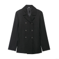 Women's Double Breasted Long Sleeve Coat Elegant Lapel Collar Loose Fit Polyester Twill Jacket With Metal Buttons For Commute Office Lady