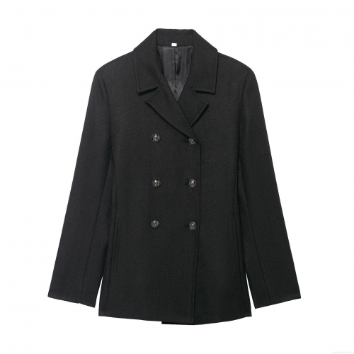 Women's Double Breasted Long Sleeve Coat Elegant Lapel Collar Loose Fit Polyester Twill Jacket With Metal Buttons For Commute Office Lady