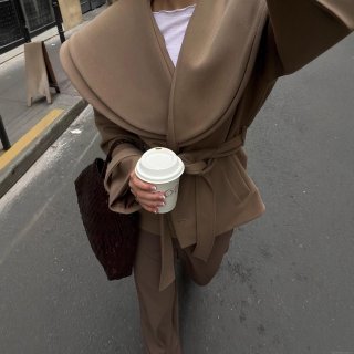 Women's Elegant Woolen Overcoat Large Lapel Tie Waist Long Trench Coat Casual Streetwear Autumn Winter Solid Color Outwear For Women