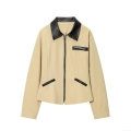 Women's Retro Khaki Canvas Jacket With Black PU Leather Lapel Collar Metal Zipper Short Slim Fit Long Sleeve Outerwear British Style Casual Streetwear For Ladies