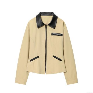Women's Retro Khaki Canvas Jacket With Black PU Leather Lapel Collar Metal Zipper Short Slim Fit Long Sleeve Outerwear British Style Casual Streetwear For Ladies
