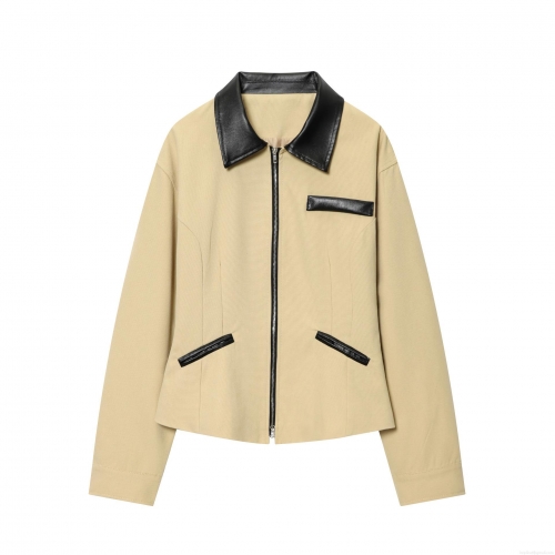 Women's Retro Khaki Canvas Jacket With Black PU Leather Lapel Collar Metal Zipper Short Slim Fit Long Sleeve Outerwear British Style Casual Streetwear For Ladies