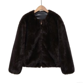 Women's Fashion Faux Fur Bomber Jacket Short Zip Up Winter Coat Deep Brown Solid Color Casual Plush Outwear For Ladies 100% Polyester Material
