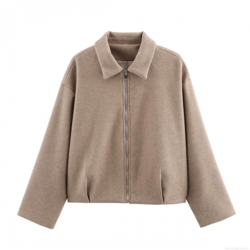 Women's Fashion Short Woolen Tweed Jacket Elegant Lapel Collar Metal Zipper Drop Shoulder Autumn Winter Warm Outerwear For Ladies