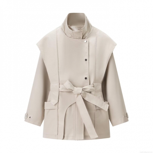 Women's Elegant Stand Collar Belted Trench Coat Solid Color Slim Fit Mid-Long Windbreaker Jacket With Pockets Spring Autumn Office Lady Outerwear