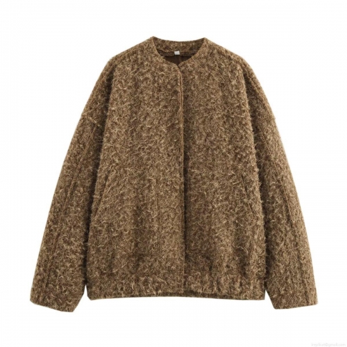 Women's Faux Fur Short Jacket Solid Round Neck Long Sleeve Plush Outerwear Elegant Casual Zipper Coat For Women