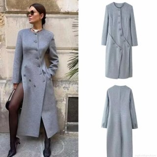 Women's Long Grey Woolen Blend Coat With Asymmetric Buttons Splice Side Slit Winter Warm Overcoat For Office Lady Streetwear Casual Fashion