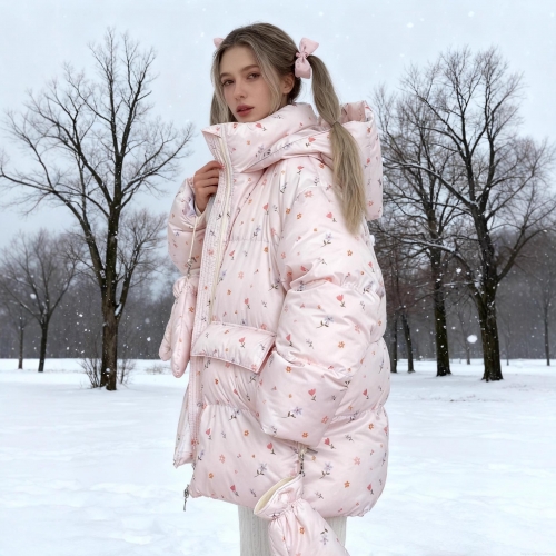 Women's Hooded Puffer Jacket Cotton Polyester Blend Floral Print Extra Long Padded Coat Oversized Winter Outdoor Fashion Casual Outerwear