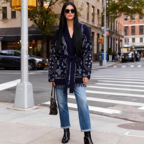 Women's Bohemian Paisley Knitted Cardigan Jacket With Tassel Trim And Tie-up Belt Navy Blue Long Sleeve Open Front Knitted Sweater Coat For Vacation Daily Wear