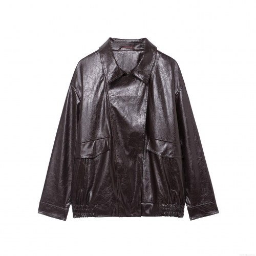 Women's Vintage PU Leather Moto Jacket Loose Fit Turn-down Collar Zip Up Long Sleeve Oversized Streetwear Coat For Casual Daily Outwear