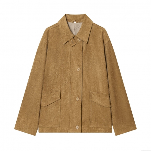 Women Faux Suede Jacket Vintage French Style Lapel Button Down Coat Mid Length Solid Color Outwear With Pockets Spring Autumn Ladies Casual Elegant Outerwear