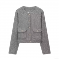 Women's Grey Tweed Jacket Elegant Round Neck Gold Button Long Sleeve Coat Casual Socialite Office Outwear for Ladies