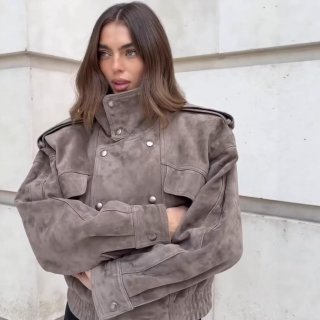 Women's Double Breasted Suede Jacket Vintage Stand Collar Moto Jacket Short Faux Suede Coat With Pockets For Women Streetwear Autumn Outwear