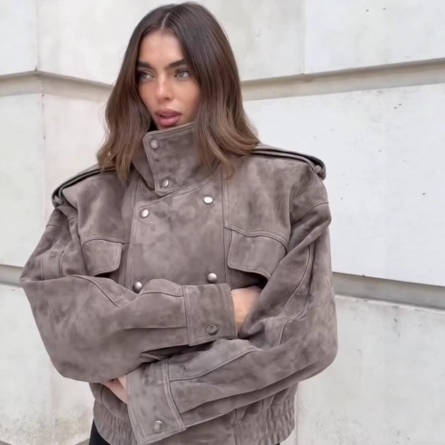 Women's Double Breasted Suede Jacket Vintage Stand Collar Moto Jacket Short Faux Suede Coat With Pockets For Women Streetwear Autumn Outwear