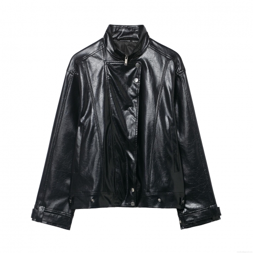 Women's Oversized Motorcycle Jacket Faux PU Leather Fashion Casual Biker Coat With Zipper Pockets Lapel Long Sleeve Solid Color Outwear For Streetwear