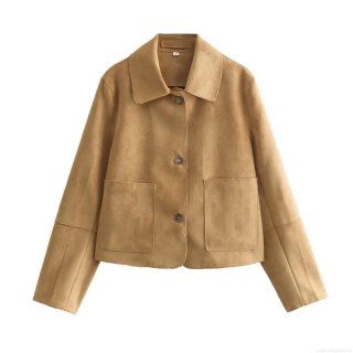 Women's Fashion Faux Suede Jacket Casual Utility Style Short Coat With Lapel Zipper Pocket Stitched Outerwear For Fall Winter Camel