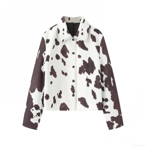 Women's Cow Print Short Jacket Vintage Lapel Single Breasted Long Sleeve Baseball Coat Fashion Streetwear Outerwear For Autumn Winter